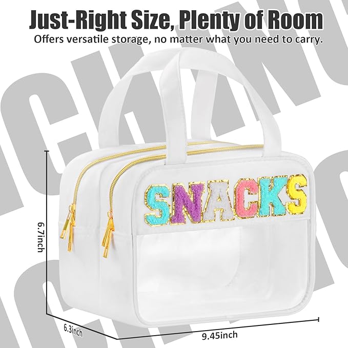 Chenille Letter Clear Makeup Bags Snacks Bag for Travel, Preppy Patch Nylon Cosmetic Pouch with Handles and Zipper, Waterproof Large Clear Travel Toiletry Purse Storage for Women White