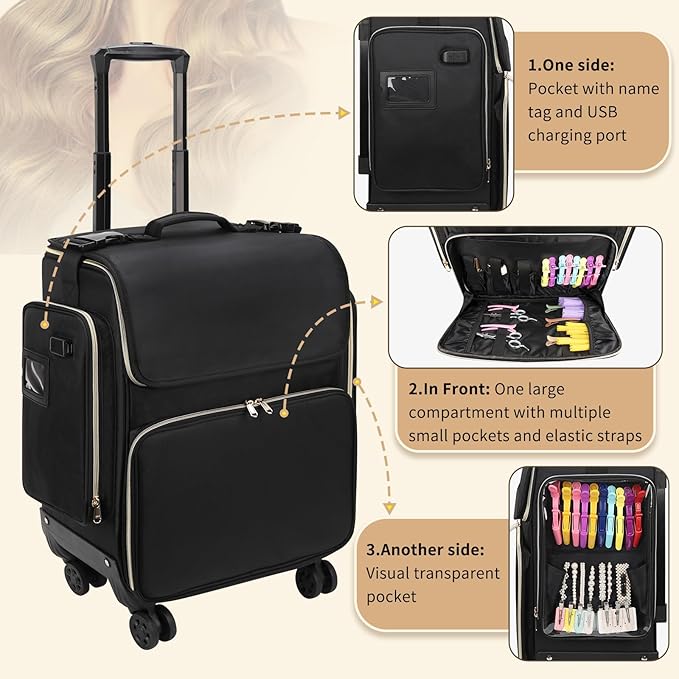 OCHEAL Hairstylist Traveling Case with a Large Makeup Travel Case for Hairstylist, Hairdresser Bag with Detachable Pouch,360° Rotatable Wheelsfor Hairdressing Tool Organizer