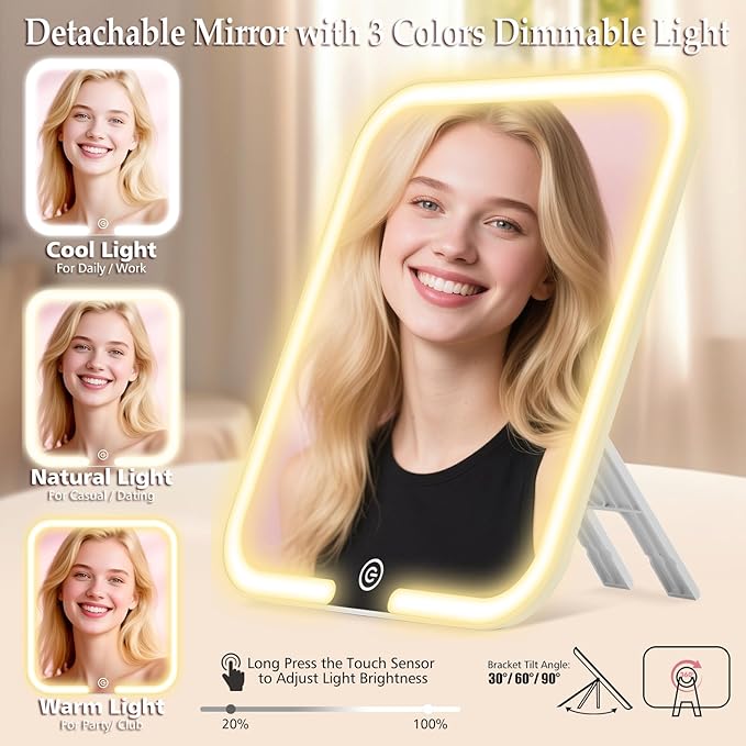 Makeup Bag with Mirror and Light, Travel Makeup Train Case with LED Lighted Removable Mirror, Portable Cosmetic Organizer Make up Bag with 3 Colors Dimming Light, Adjustable Dividers & Brush Board