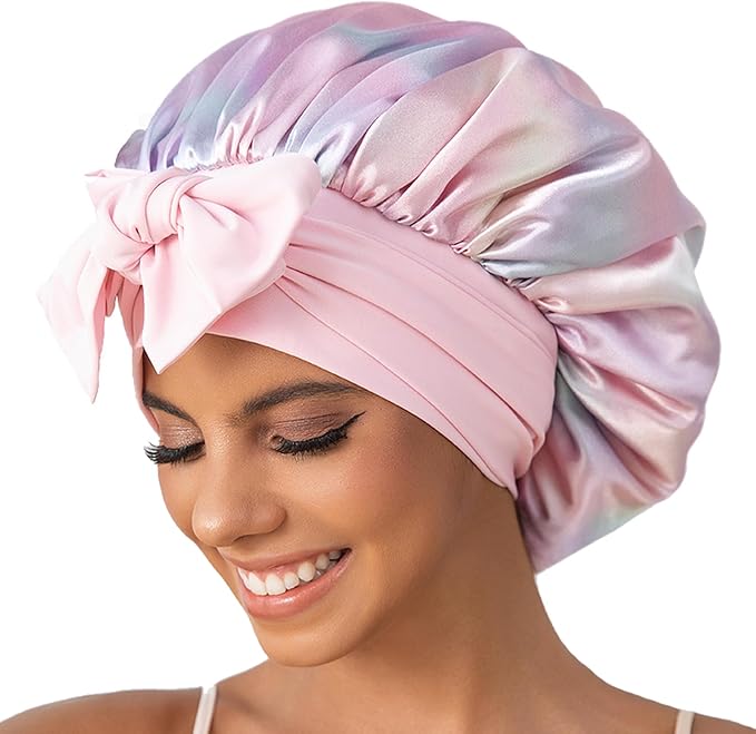 GDTOGRT Satin Silk Bonnet for Sleeping Women - Double Layer Sleep Hair Bonnets Caps for Curly Braid Hair with Tie Band