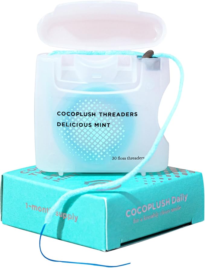 Cocofloss CocoPlush Threaders, Dental Floss for Implants, Bridges, and Braces, Mint, Waxed, Dentist-Designed Oral Care with Coconut Oil, 30 Per Pack