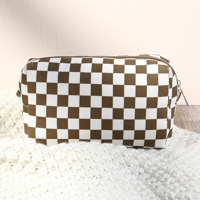 SOIDRAM 2 Pcs Checkered Makeup Bag Large Cosmetic Bag Toiletry Bag Makeup Pouch Travel Bag Organizer Cute Makeup Brushes Aesthetic Accessories Storage Bag for Women Coffee Brown