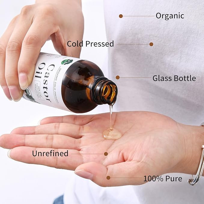 Organic Castor Oil Cold Pressed Unrefined - Hair Growth & Care, Thicker Eyelashes & Eyebrows (4.23FlOz) - Certified Organic, Hexane Free