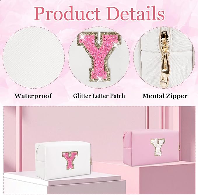 Small Personalized Glitter Initial Letter Makeup Bag, Cute PU Leather Chenille Letters Cosmetic Bag Travel Makeup Pouch, Preppy Travel Organizer Zipper Pouch for Women&Girls（WhiteRosePink-Y）