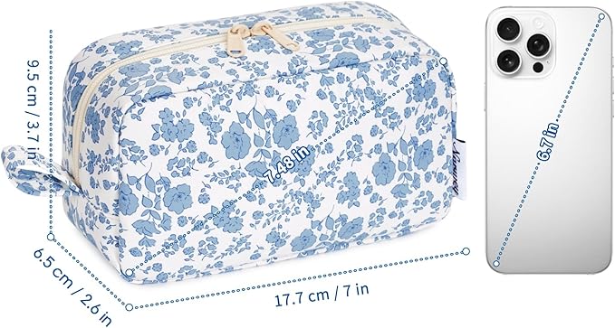 Narwey Small Makeup Bag for Purse Travel Makeup Pouch Mini Cosmetic Bag Zipper Pouch for Women (Little Blue Flower, Small)