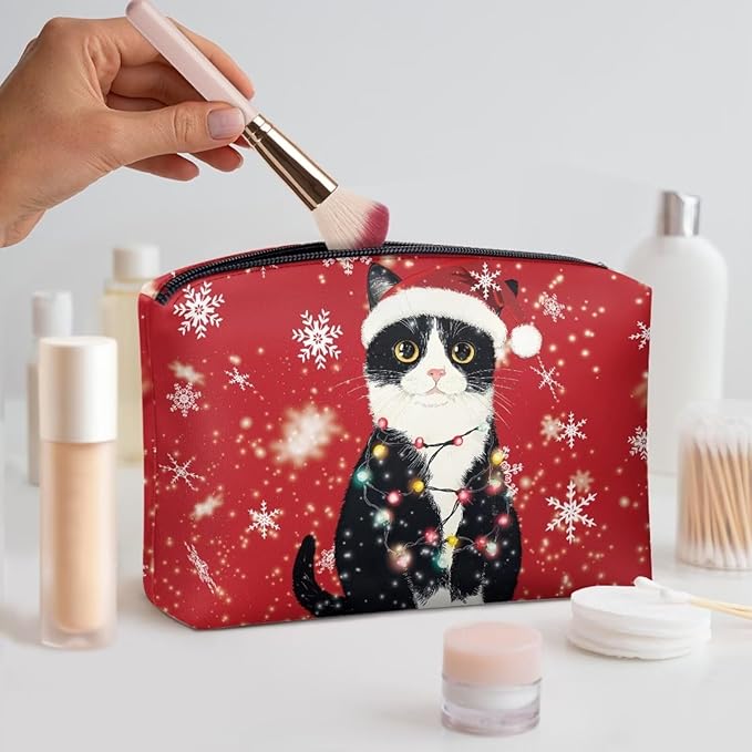 COEQINE Christmas Lights Cute Cat Makeup Bag Small Organizer Red Snowflake Leather Cosmetic Bag For Purse with Zipper Waterproof Artist Organizer Bag Cute Pencil Pouch