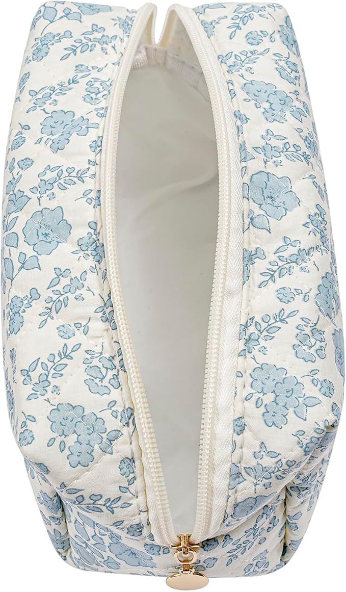JOVAKIT Square Makeup Bag Cute Cosmetic Bag for Women, Floral Coquette Aesthetic Toiletry Bag, Zipper Make Up Pouch, Travel Make Up Organizer Bag (Pink+Blue Floral)