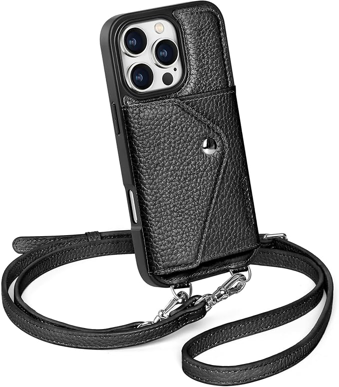 LUCKYCOIN Crossbody Wallet Phone Case for iPhone 16 Pro,100% Genuine Leather Wallet Phone Case with Expandable Flip Card Holder,Phone Purse for Women with Adjustable Removable Strap - Pebble Black