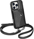 LUCKYCOIN Crossbody Wallet Phone Case for iPhone 16 Pro,100% Genuine Leather Wallet Phone Case with Expandable Flip Card Holder,Phone Purse for Women with Adjustable Removable Strap - Pebble Black