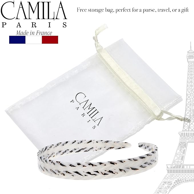 Camila Paris CP3468 French Headband for Women, Handmade White and Gray, Strong Hold Grip Women's Hair Band, Ligth and Very Flexible, No Slip and Durable Styling Girls Hair Accessories, Made in France