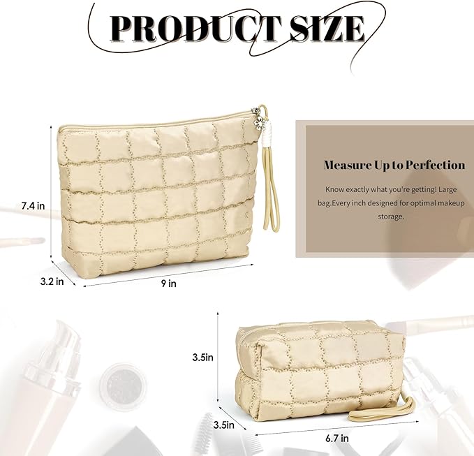 Richeart Makeup Bag Travel Toiletry Bag - Checkered Down Cotton Makeup Pouch for Women with Cosmetic and Pencil, Aesthetic Khaki Design, 2 Pieces