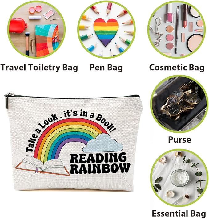 Book Lovers Gifts Makeup Bag, Reading Cosmetic Bag, Rainbow Travel Organizer Zipper Pouch Bookworm Book Club Bookish Gifts for Readers Women Girls Teacher Coworker Best Friend Sister