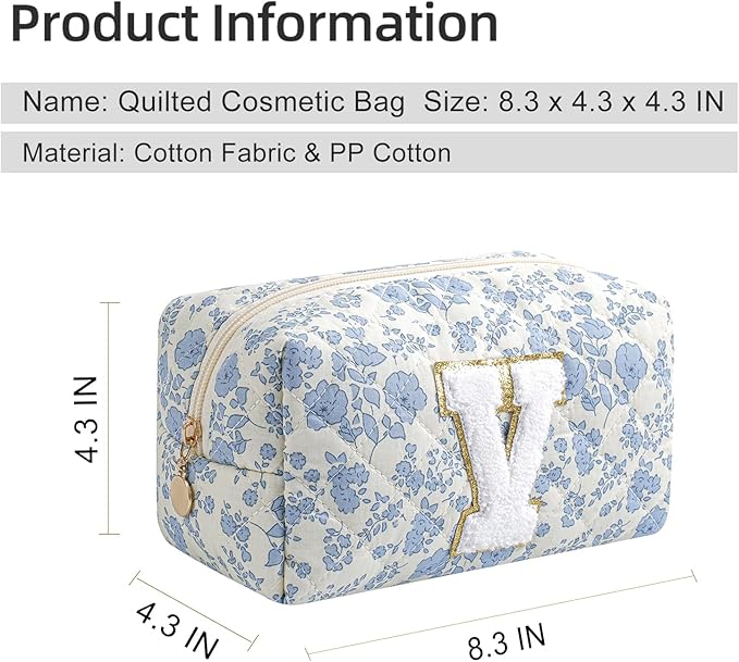 Gleyemor Personalized Initial Makeup Bag for Women, Cute Quilted Blue Floral Cotton Cosmetic Bag, Christmas Gifts for Her Mom Friend Sister Bridesmaid Teacher Women V