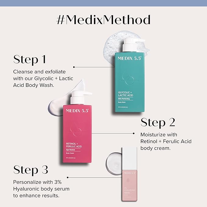 MEDIX Retinol Body Lotion + 3% Hyaluronic Acid Booster Serum Moisturizer 2PC Skin Care Set | Crepey Skin Care Treatment | Retinol Body Cream Targets Appearance Of Sagging Crepe Skin & Wrinkles, 2PC