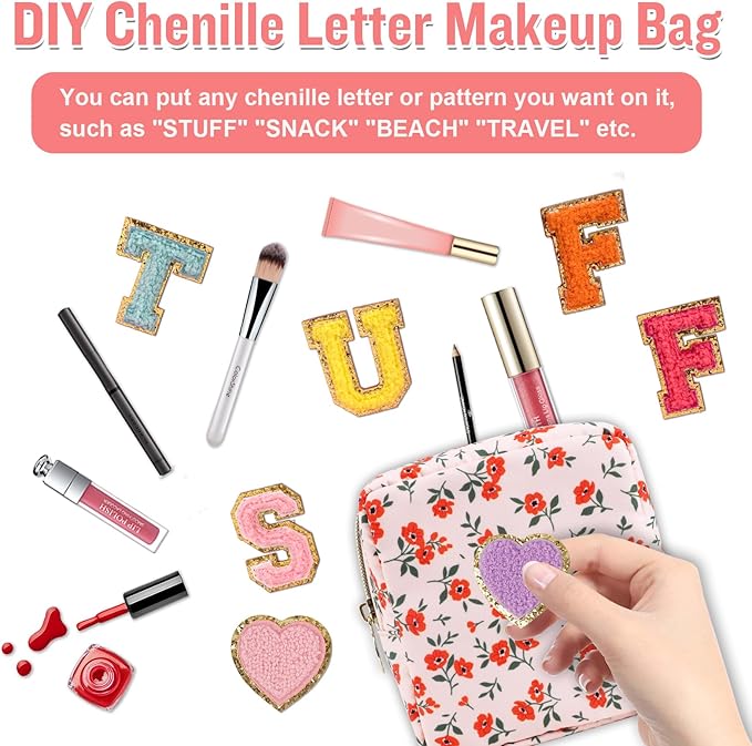Nylon Mini Floral Makeup Bag for Purse, Small Cute Pink Makeup Bag Preppy Flower Cosmetic Zipper Pouch, Waterproof Travel Coin Pouch Sanitary Napkin Storage Bag Makeup Organizer for Women(Pink-Floral)