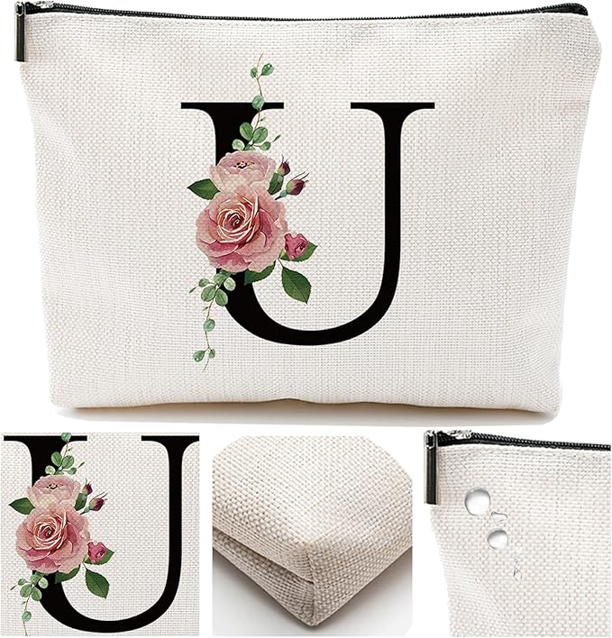 Initial A-Z Personalized Letter Makeup Bag, Monogrammed Bridesmaid Gifts Presents Cosmetic Bag, Portable Stationery Storage Organizer Pouch, Friendship Love Travel Makeup Bags