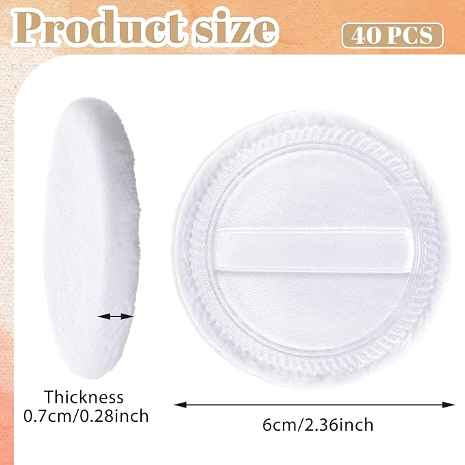 40 Pcs Cotton Powder Puffs Bulk Washable Soft Makeup Powder Pads, White Round Cosmetic Face Powders Makeup Puffs with Ribbon, for Loose Setting Blending Foundation Cream Pressed Body Powders