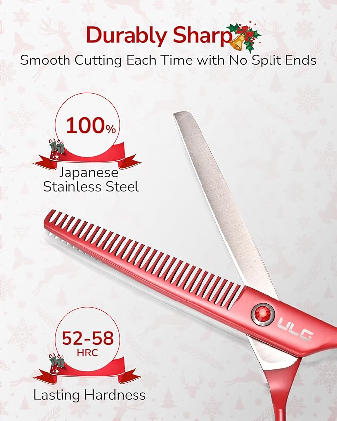 ULG 6.5" Hair Thinning Scissors, Japanese Stainless Steel, Professional Texturizing Shears, Barber’s 30-Tooth Blending Thinner for Stylist & Home Use, Christmas Gifts for Women Men Family Red