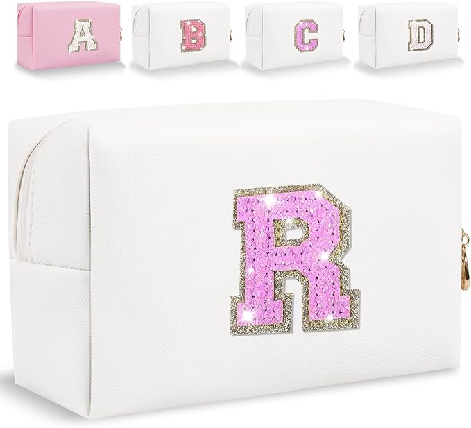 Glitter Initial Letter Makeup Bag, Small Personalized Sequins Letters PU Leather Cosmetic Bag Portable Waterproof Makeup Zipper Pouch, Shine Handbag Organizer Travel Bag Gifts for Women&Girls(White-R)