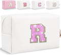 Glitter Initial Letter Makeup Bag, Small Personalized Sequins Letters PU Leather Cosmetic Bag Portable Waterproof Makeup Zipper Pouch, Shine Handbag Organizer Travel Bag Gifts for Women&Girls(White-R)