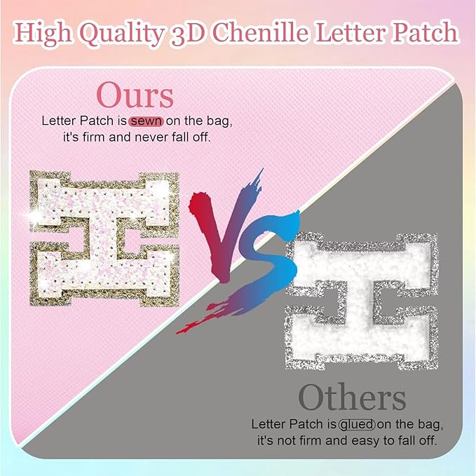 Small Personalized Glitter Initial Letter Makeup Bag, Cute PU Leather Chenille Letters Cosmetic Bag Travel Makeup Pouch, Preppy Travel Organizer Zipper Pouch for Women&Girls（Pink-Y）