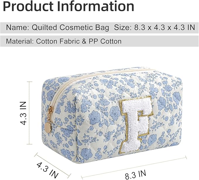 Gleyemor Personalized Initial Makeup Bag for Women, Cute Quilted Blue Floral Cotton Cosmetic Bag, Christmas Gifts for Her Mom Friend Sister Bridesmaid Teacher Women F