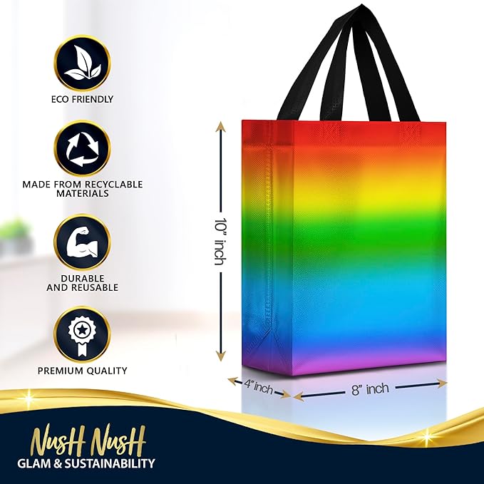 Nush Nush Holographic Rainbow Gift Bags Medium Size– Set of 12 Colorful, Reusable Rainbow Gift Bags with Handles - Ideal Goodie Bag for Birthday Party, Kids Party, Sleepover, Pride Events - 8x4x10