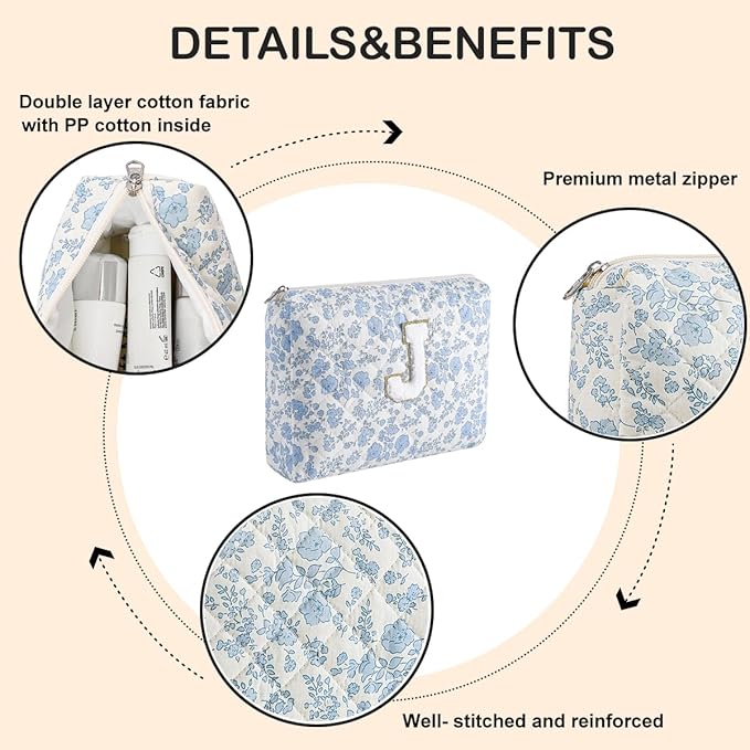 Alphabet Makeup Bag Cosmetic Bag for Women, Christmas Gifts for Age 11-18, Personalized Floral Coquette Travel Bag, Trendy Stuff Zipper Make Up Pouch Organizer Bag (Blue Floral J)