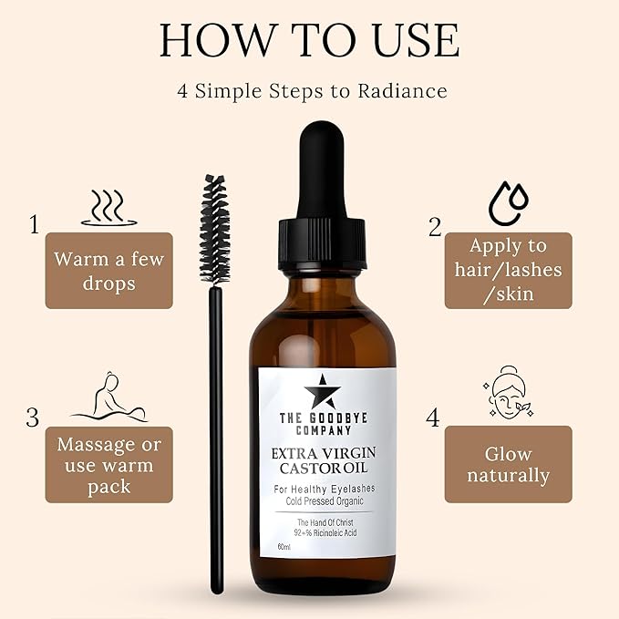The Goodbye Company Organic Castor Oil - 100% Pure Extra Virgin Cold Pressed Unrefined for Luscious Hair Growth, Thicker Eyelashes & Radiant Skin - Deeply Moisturizing & Detoxifying (60ml)