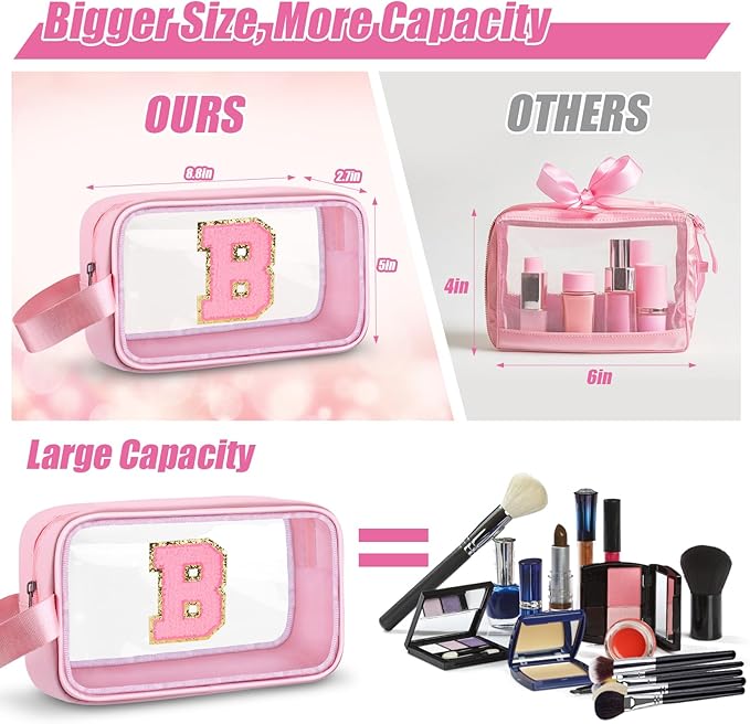 Initial Makeup Bag,Letter B Cute Clear Monogrammed Cosmetic Travel Bag for Womens Girls,Personalized Pink Aesthetic Traveling Make Up Organizer Bag for Beach,Waterproof Toiletry Bag