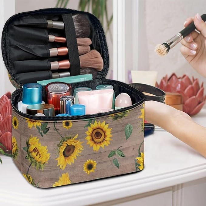JoyLamoria Cosmetic Bag Toiletry Bag Zipper Closure Pouch Durable Makeup Bag Travel Case with Yellow Sunflower Print