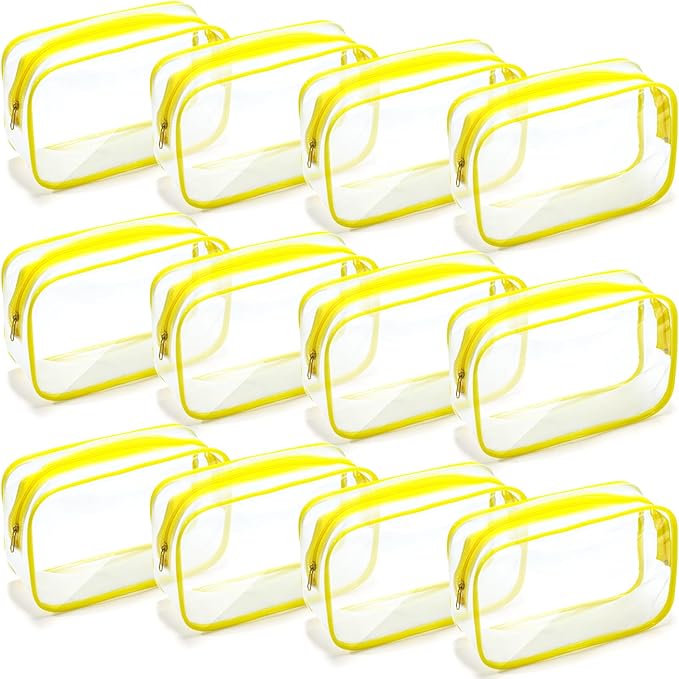 Weewooday 12 Pieces Clear Makeup Bags Cosmetic Storage Bags PVC Zipper Pouches Travel Waterproof Makeup Plastic Case for Women Organizing Toiletries Traveling Bathroom(Large,Yellow)