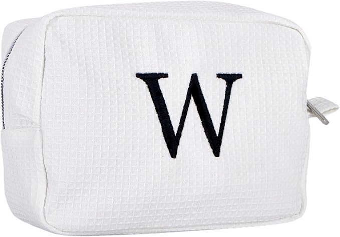 Personalized White Waffle Makeup Bag,Custom Embroidered Initial Cosmetic Pouch for Women,Monogrammed Cosmetic Case,Bridesmaid Gifts (W)