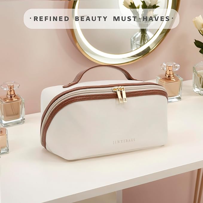 Travel Makeup Bag – Large Cosmetic Organizer with Waterproof Nylon, Smooth Double Zipper & Tear-Resistant Lining, Toiletry Pouch for Women (Beige)