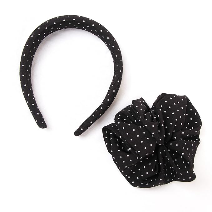 Headband and Scrunchie Set for Women 2Pack Hair Ties for Girls Elastics Bands Ponytail Holder Hair Accessories Black Dot