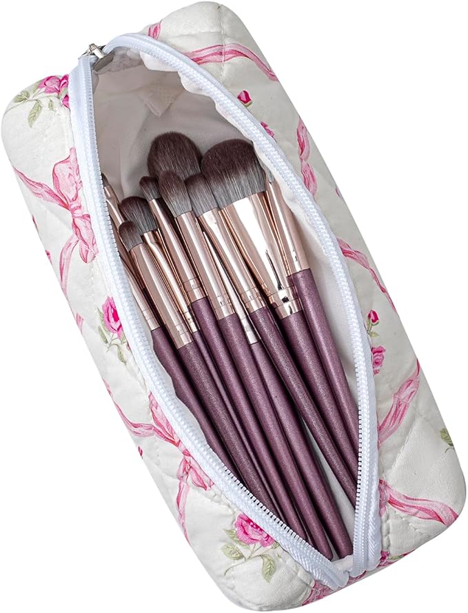 Cute Floral Cotton Makeup Brush Cosmetic Bag for Women, Travel Quilted Zipper Make Up Bag, Flowers Toiletry Organizer Case Kawaii Makeup Cosmetic Travel Cloth Pouch (Blue+Pink Bowknot)