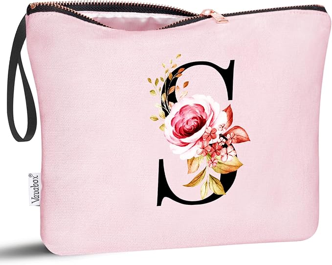 Vavabox A-Z Personalized Makeup Bag, Birthday Gifts for Women Mom, Gifts for Best Friend, Bride Bridesmaid Cosmetic bag (S, Pink)