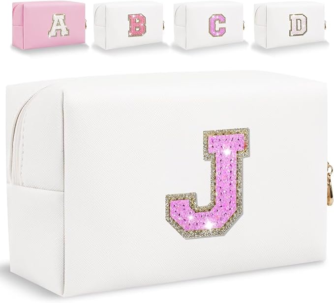 Glitter Initial Letter Makeup Bag, Small Personalized Sequins Letters PU Leather Cosmetic Bag Portable Waterproof Makeup Zipper Pouch, Shine Handbag Organizer Travel Bag Gifts for Women&Girls(White-J)