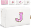 Glitter Initial Letter Makeup Bag, Small Personalized Sequins Letters PU Leather Cosmetic Bag Portable Waterproof Makeup Zipper Pouch, Shine Handbag Organizer Travel Bag Gifts for Women&Girls(White-J)