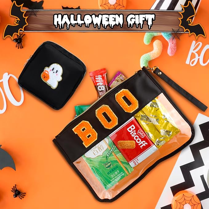 2 Pcs Halloween Gifts Cosmetic Makeup Bag with Boo Chenille Letter Patch, Clear Pouch PVC Organizer Purse, Waterproof Travel Bag, Portable Toiletry Storage Bag for Her Girls Friends Women