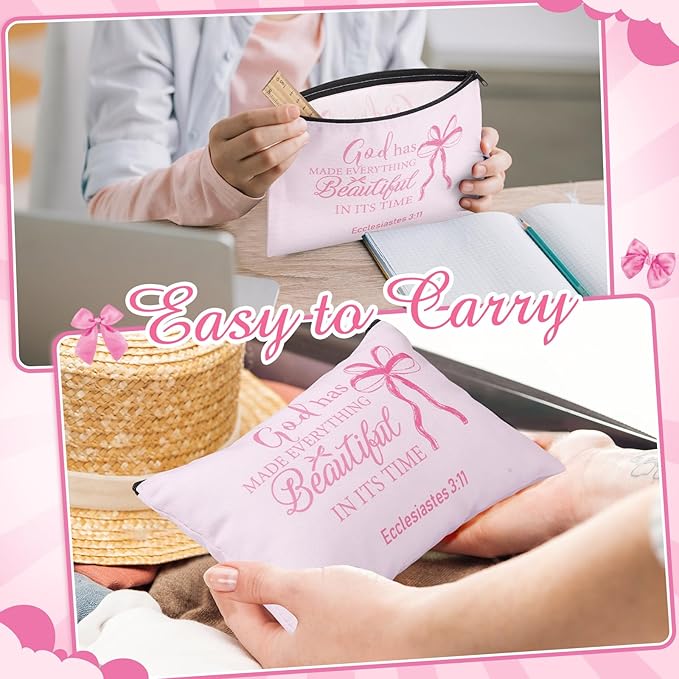 Hillban 36 Pcs Christian Gifts for Women Christian Pink Bow Makeup Bags Bible Verse Cosmetic Bag Inspirational Pencil Case with Zipper Coquette Bowknot Travel Organizer Pouch for Wedding Bachelorette