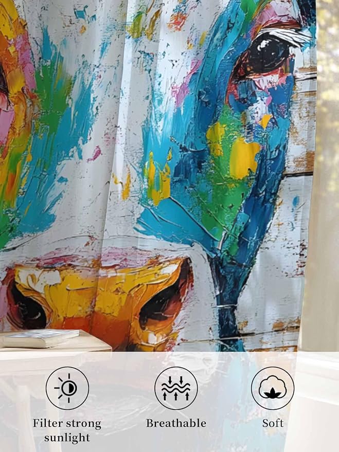 Sheer Curtains 72 Inches Long, Funny Colorful Cow Semi Sheer Curtains Light - Image 6