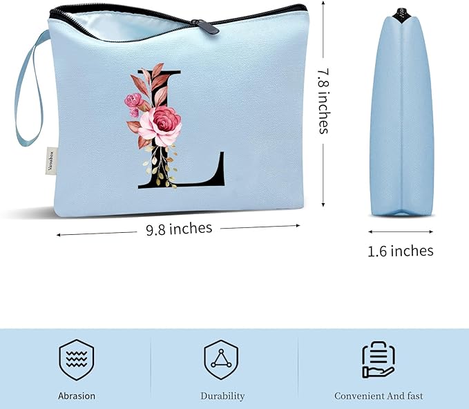 Vavabox A-Z Personalized Makeup Bag, Birthday Gifts for Women Mom, Gifts for Best Friend, Bride Bridesmaid Cosmetic bag (L, Blue)