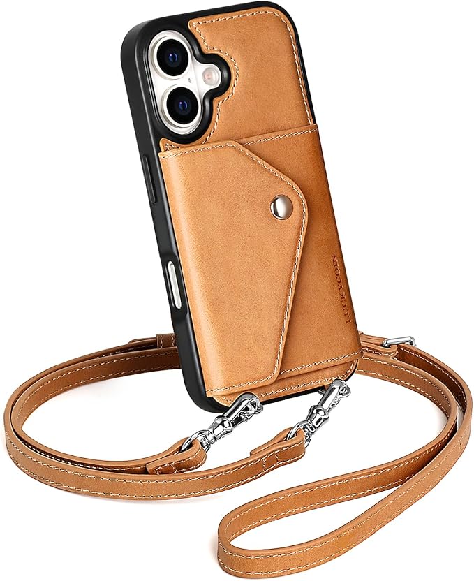 LUCKYCOIN Crossbody Wallet Phone Case for iPhone 17,100% Genuine Leather Wallet Phone Case with Expandable Flip Card Holder,Phone Purse for Women with Adjustable Removable Strap - Brown
