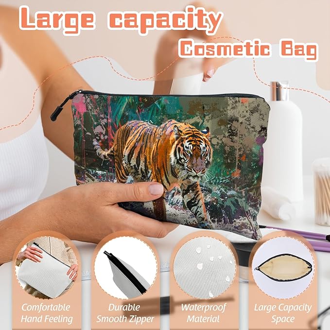 Cosmetic Bags Travel Makeup Toilet Case Waterproof Pouch for Women Girls 6.7X9.45inches - Artistic Tiger Walking Through A Splash - Filled Jungle