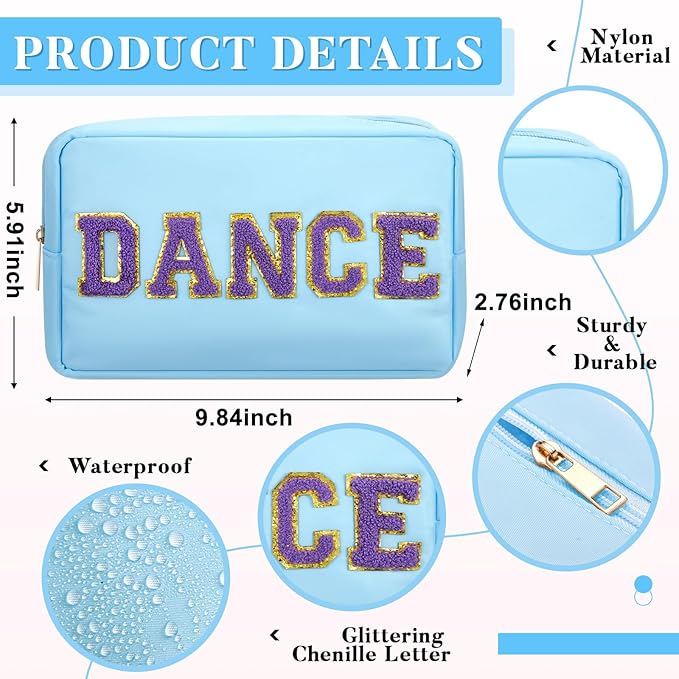 6 Pcs Dance Makeup Bag Cosmetic Bag with Chenille Letter Patches Waterproof Portable Cheerleader Toiletry Zipper Pouch for Girl Women Appreciation (Pastel Colors)