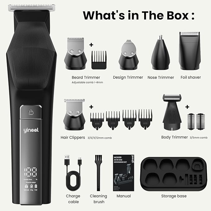 Yineel HC600 Beard Trimmer for Men, All-in-One Cordless Grooming Kit, IPX7 Waterproof Electric Razor & Hair Clipper for Face Mustache Body Nose Hair Trimming, Precision Blades, Gifts for Men Barber