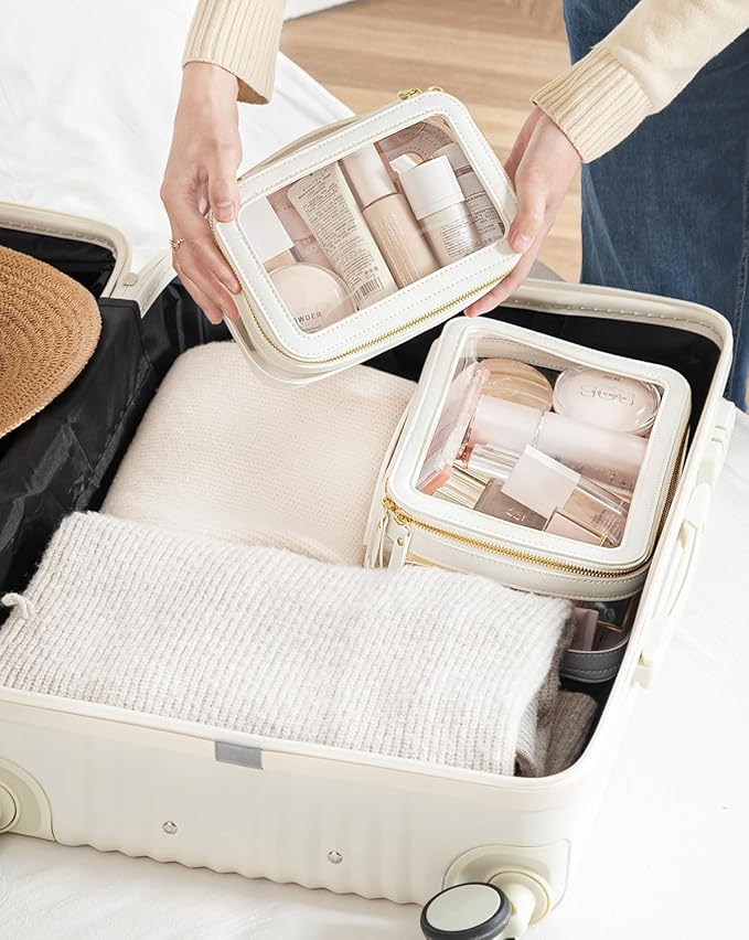 HBlife Clear Makeup Bag Organizer Set, Portable Travel Toiletry Cosmetic Case for Women, Large Make Up Bag Makeup Train Case Transparent Storage Pouch with Handle(White)