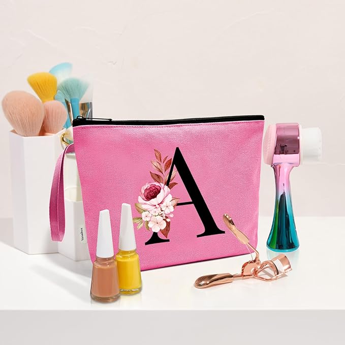 Vavabox A-Z Personalized Makeup Bag, Birthday Gifts for Women Mom, Gifts for Best Friend, Bride Bridesmaid Cosmetic bag (A, Peach)