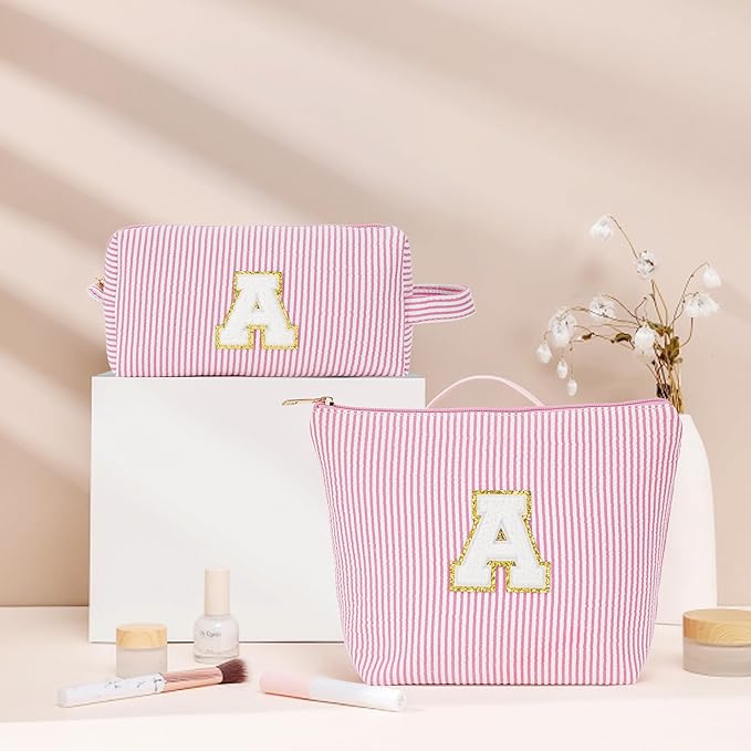 Initial Makeup Bag Set - Cute Pink Stuff for Women, Makeup Pouch Cosmetic Bag, Travel Essentials Toiletry Bag, Birthday Christmas Gifts for Women, Light Pink L